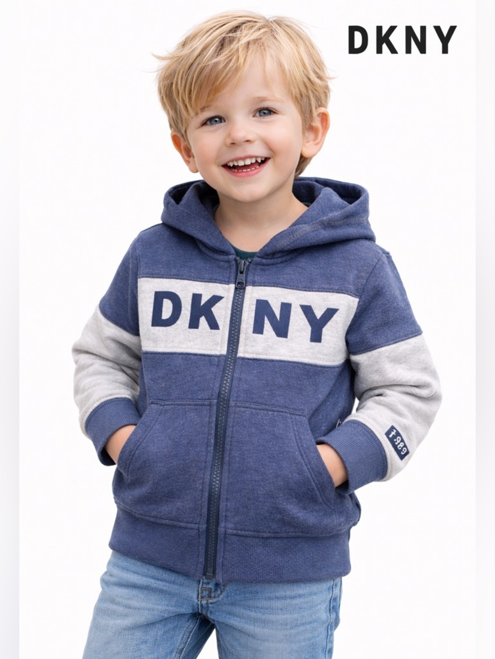 DKNY Boys Zip Up Hoodie Blue Gray Logo Sweatshirt Size 4T
